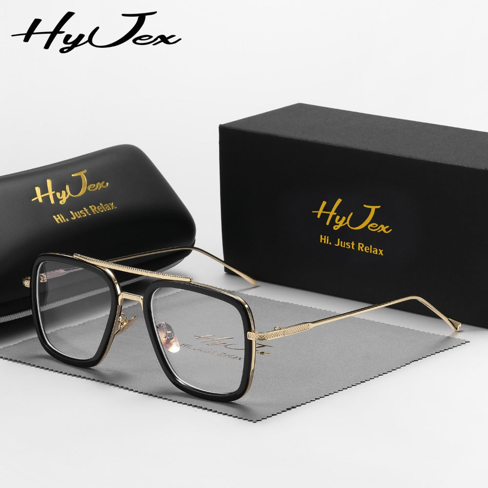 HyJex Trendy Square Frame Blocking Glasses with Golden-Tone Metal Arms, Black Rectangular Eyewear for Women, Includes Protective Case, | Stylish Eyewear | Metal Frame Glasses for Daily