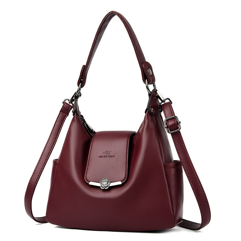 Sac à main européen/américain élégant pour femmes – couleur unie, bandoulière amovible, fermeture zippée, doublure polyester, détails peints, disponible en bordeaux et gris clair