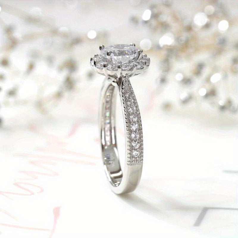 Bague vintage halo – plaquée argent, style Art déco, sertie de strass, anneau de fiançailles ou promesse, bijou tendance pour mariage et occasions spéciales