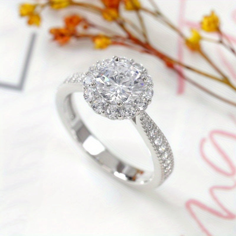 Bague vintage halo – plaquée argent, style Art déco, sertie de strass, anneau de fiançailles ou promesse, bijou tendance pour mariage et occasions spéciales