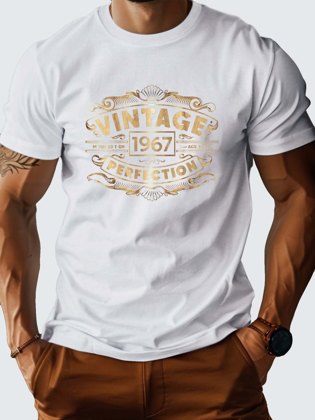 Men'S Vintage 1967 Graphic T-Shirt - Heavyweight 210gsm Crew Neck Tee with Bold "Vintage 49.96meter Print, Casual Short Sleeve, Brown, Perfect for Casual Attire, Vintage T Shirts