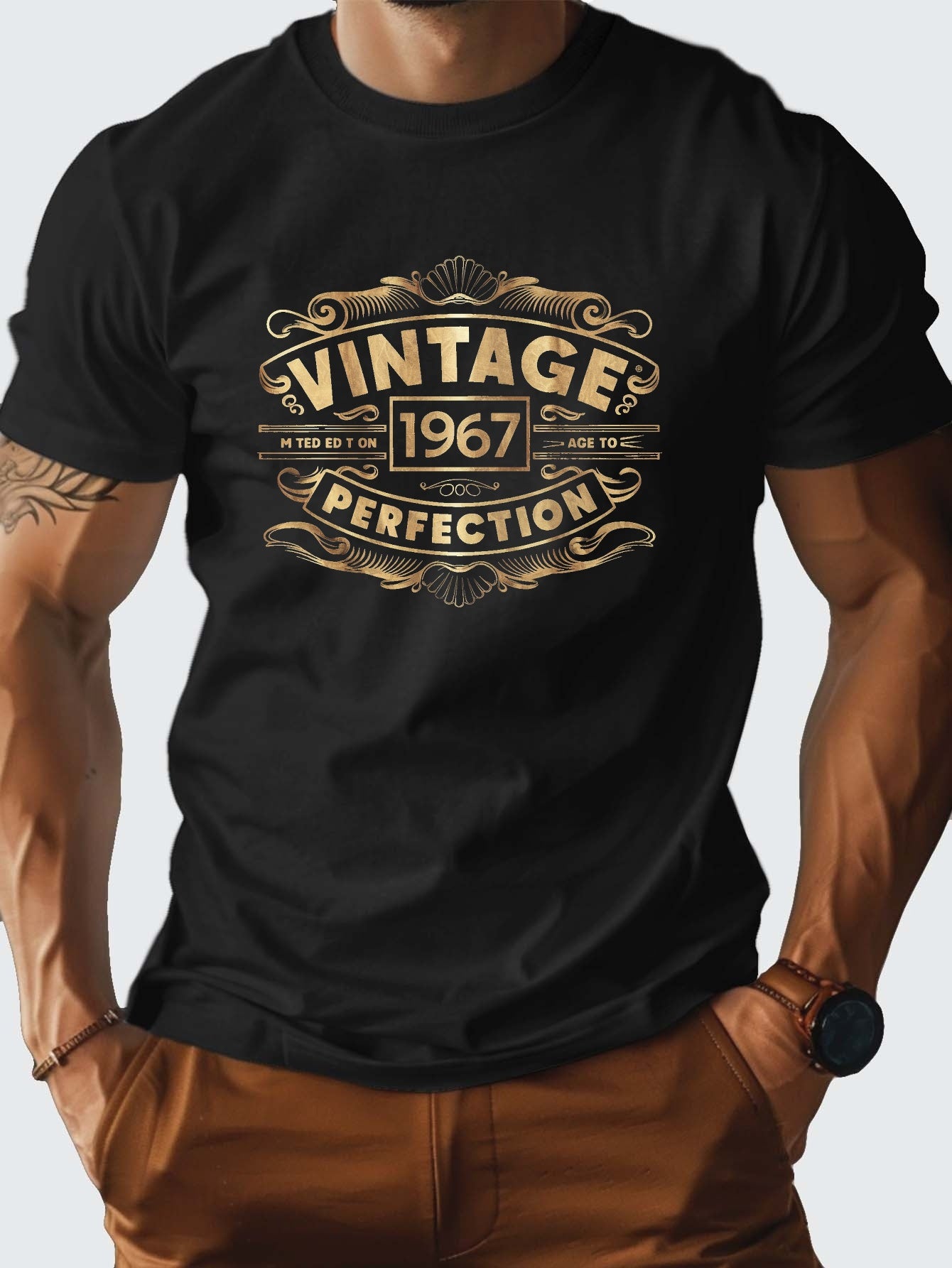 Men'S Vintage 1967 Graphic T-Shirt - Heavyweight 210gsm Crew Neck Tee with Bold "Vintage 49.96meter Print, Casual Short Sleeve, Brown, Perfect for Casual Attire, Vintage T Shirts