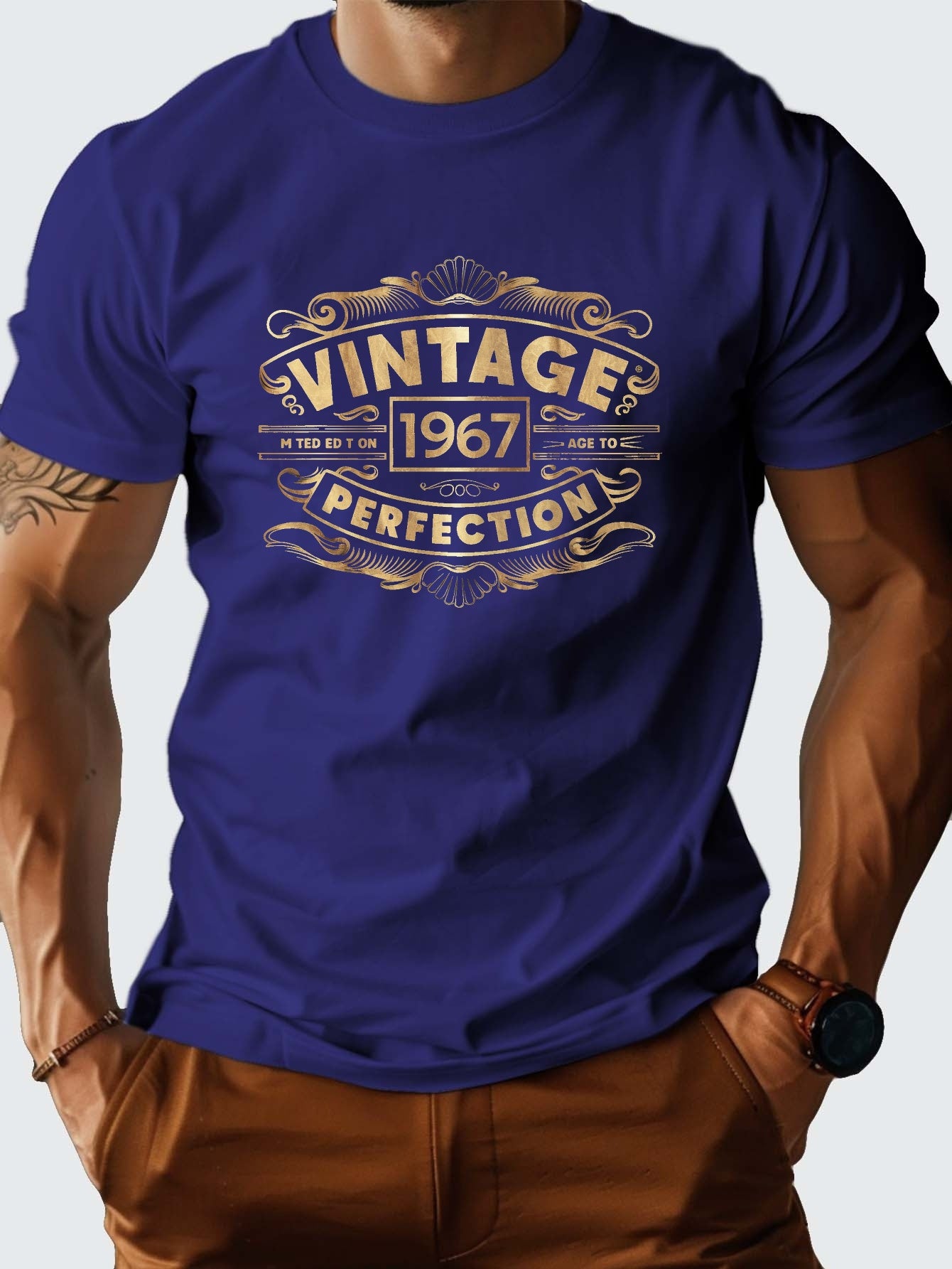Men'S Vintage 1967 Graphic T-Shirt - Heavyweight 210gsm Crew Neck Tee with Bold "Vintage 49.96meter Print, Casual Short Sleeve, Brown, Perfect for Casual Attire, Vintage T Shirts
