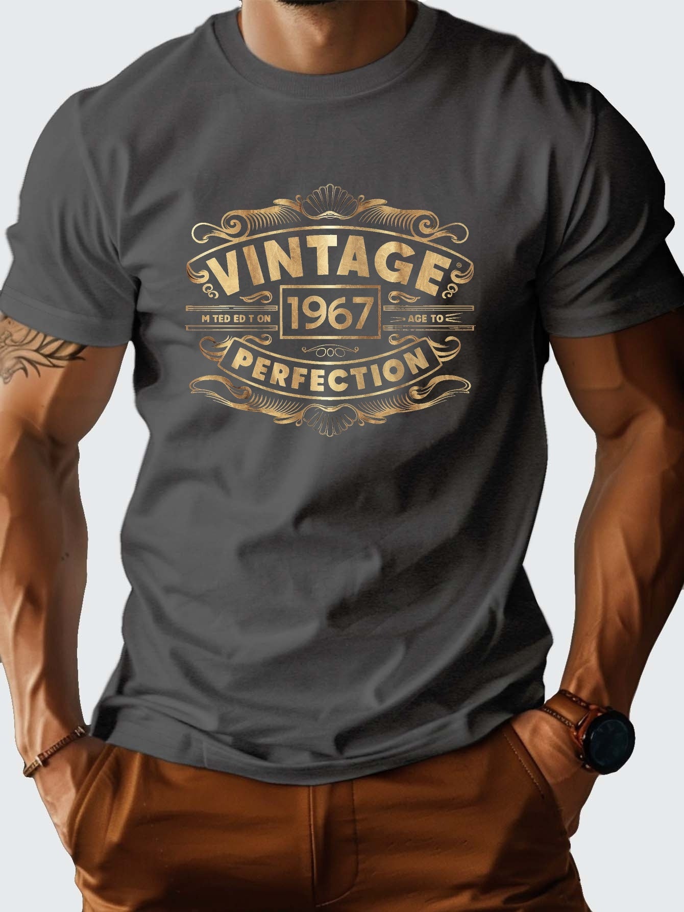 Men'S Vintage 1967 Graphic T-Shirt - Heavyweight 210gsm Crew Neck Tee with Bold "Vintage 49.96meter Print, Casual Short Sleeve, Brown, Perfect for Casual Attire, Vintage T Shirts
