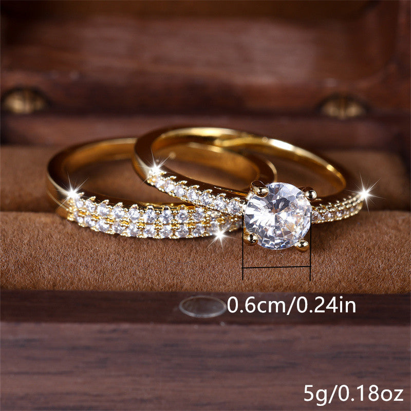 Set of 2 Luxurious Golden Rings Featuring Round-Cut White Stones with Four Claws, Perfect for Weddings And As Jewelry Gifts