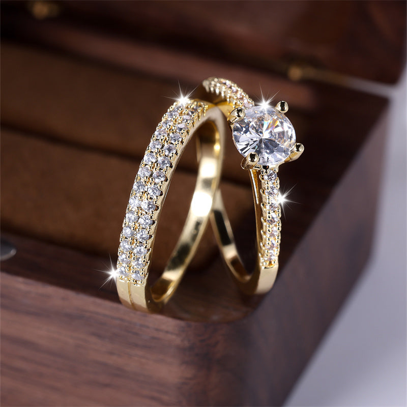 Set of 2 Luxurious Golden Rings Featuring Round-Cut White Stones with Four Claws, Perfect for Weddings And As Jewelry Gifts