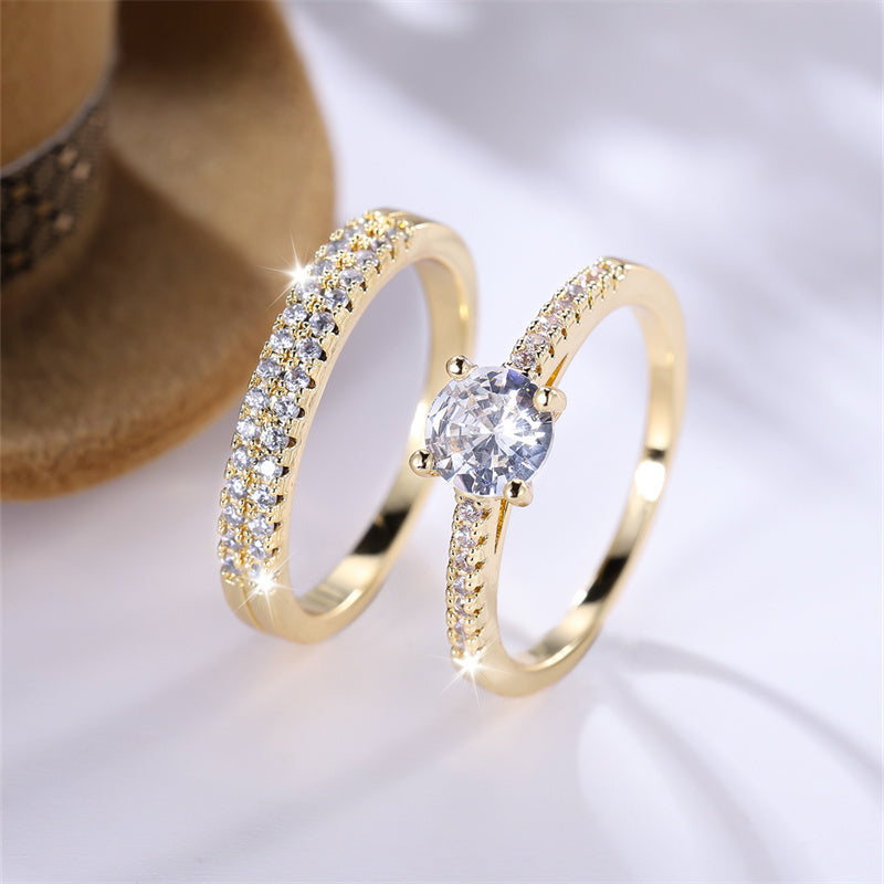 Set of 2 Luxurious Golden Rings Featuring Round-Cut White Stones with Four Claws, Perfect for Weddings And As Jewelry Gifts