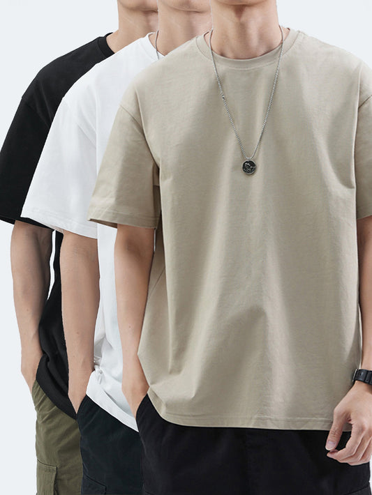 3pcs Men'S Heavyweight 100% T-Shirts - Summer Casual Short Sleeve Round Neck Tees with Geometric Pattern, Breathable & Durable, Regular Fit for Casual Attire, T Shirts, Comfortable Clothing, Minimalist Design, Soft Texture Sh