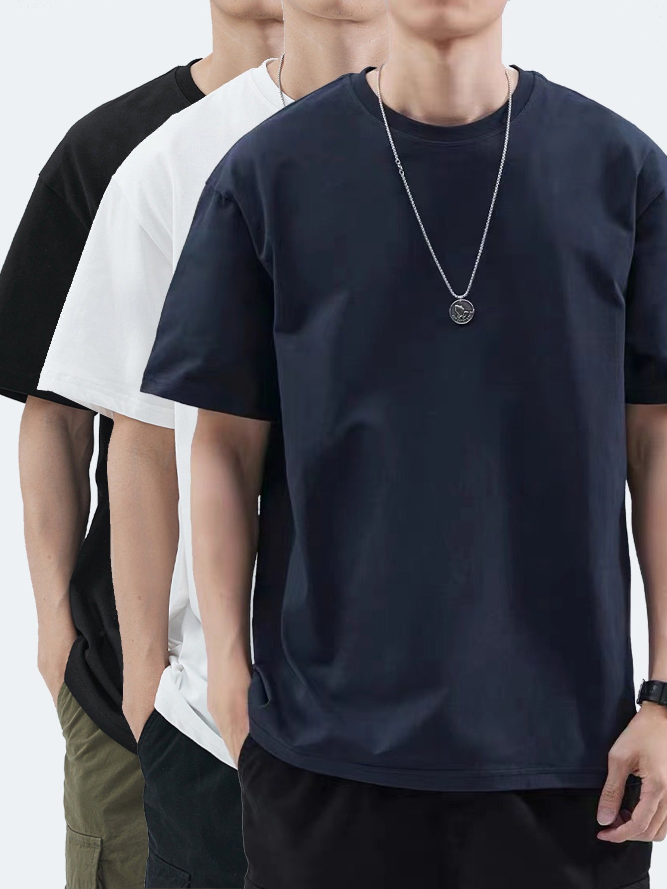 3pcs Men'S Heavyweight 100% T-Shirts - Summer Casual Short Sleeve Round Neck Tees with Geometric Pattern, Breathable & Durable, Regular Fit for Casual Attire, T Shirts, Comfortable Clothing, Minimalist Design, Soft Texture Sh