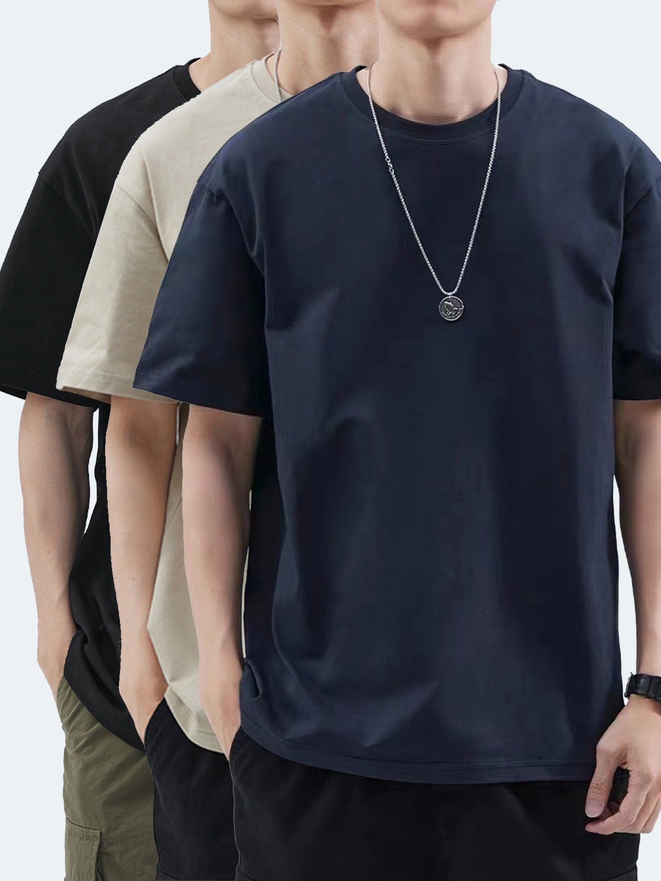 3pcs Men'S Heavyweight 100% T-Shirts - Summer Casual Short Sleeve Round Neck Tees with Geometric Pattern, Breathable & Durable, Regular Fit for Casual Attire, T Shirts, Comfortable Clothing, Minimalist Design, Soft Texture Sh