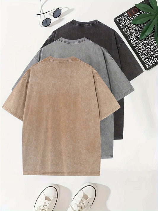 Temujin Starry 3pcs Washed Cotton Distressed 100% Pure 240g Crew Neck T Shirt, Simple and Fashionable