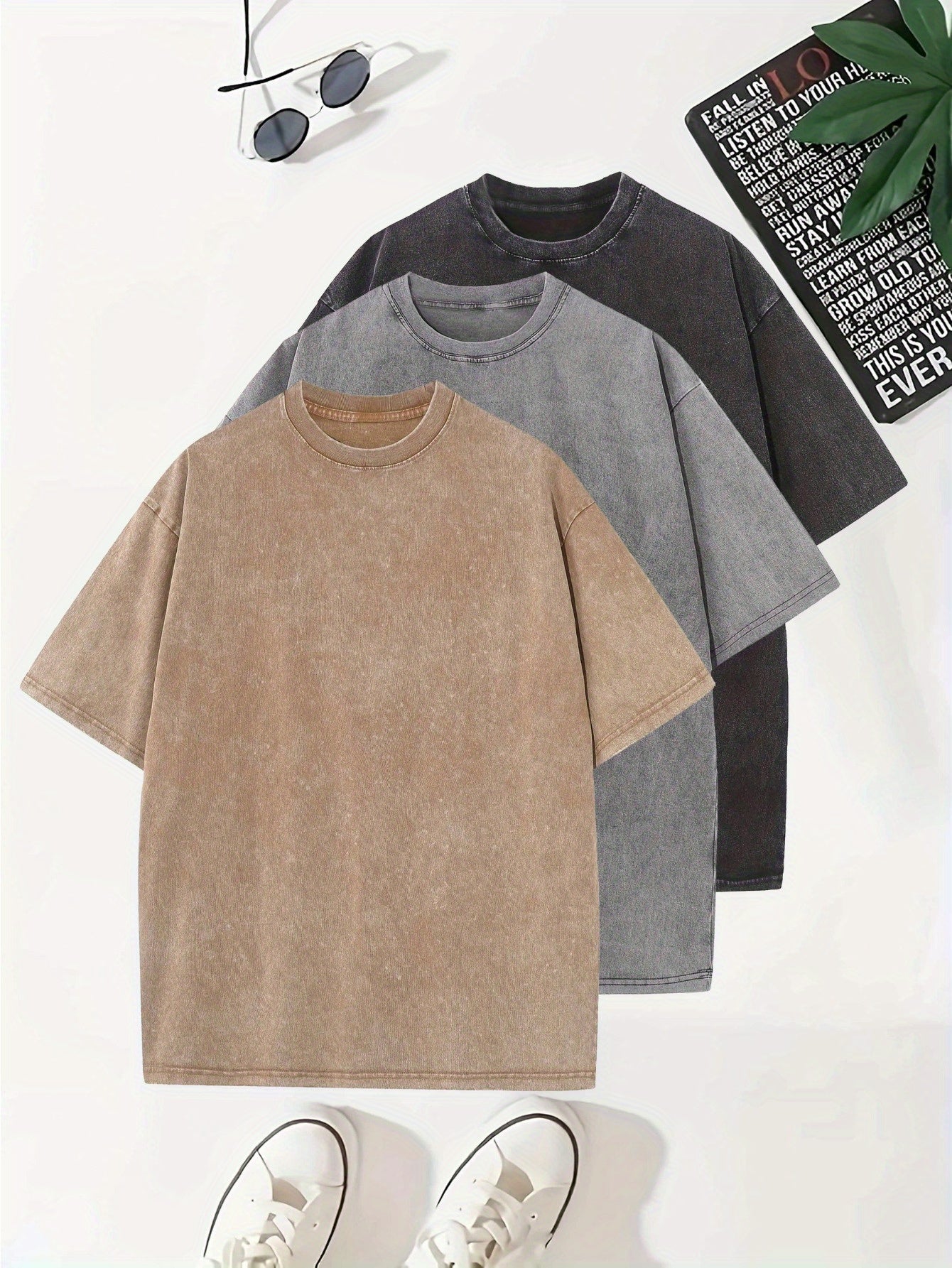 Temujin Starry 3pcs Washed Cotton Distressed 100% Pure 240g Crew Neck T Shirt, Simple and Fashionable