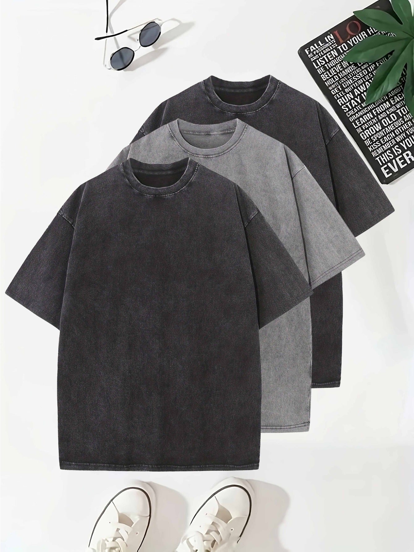 Temujin Starry 3pcs Washed Cotton Distressed 100% Pure 240g Crew Neck T Shirt, Simple and Fashionable