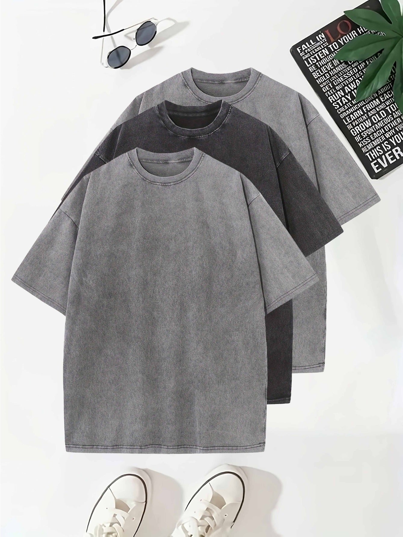 Temujin Starry 3pcs Washed Cotton Distressed 100% Pure 240g Crew Neck T Shirt, Simple and Fashionable