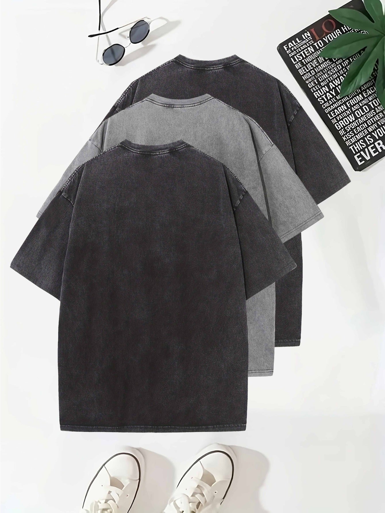 Temujin Starry 3pcs Washed Cotton Distressed 100% Pure 240g Crew Neck T Shirt, Simple and Fashionable