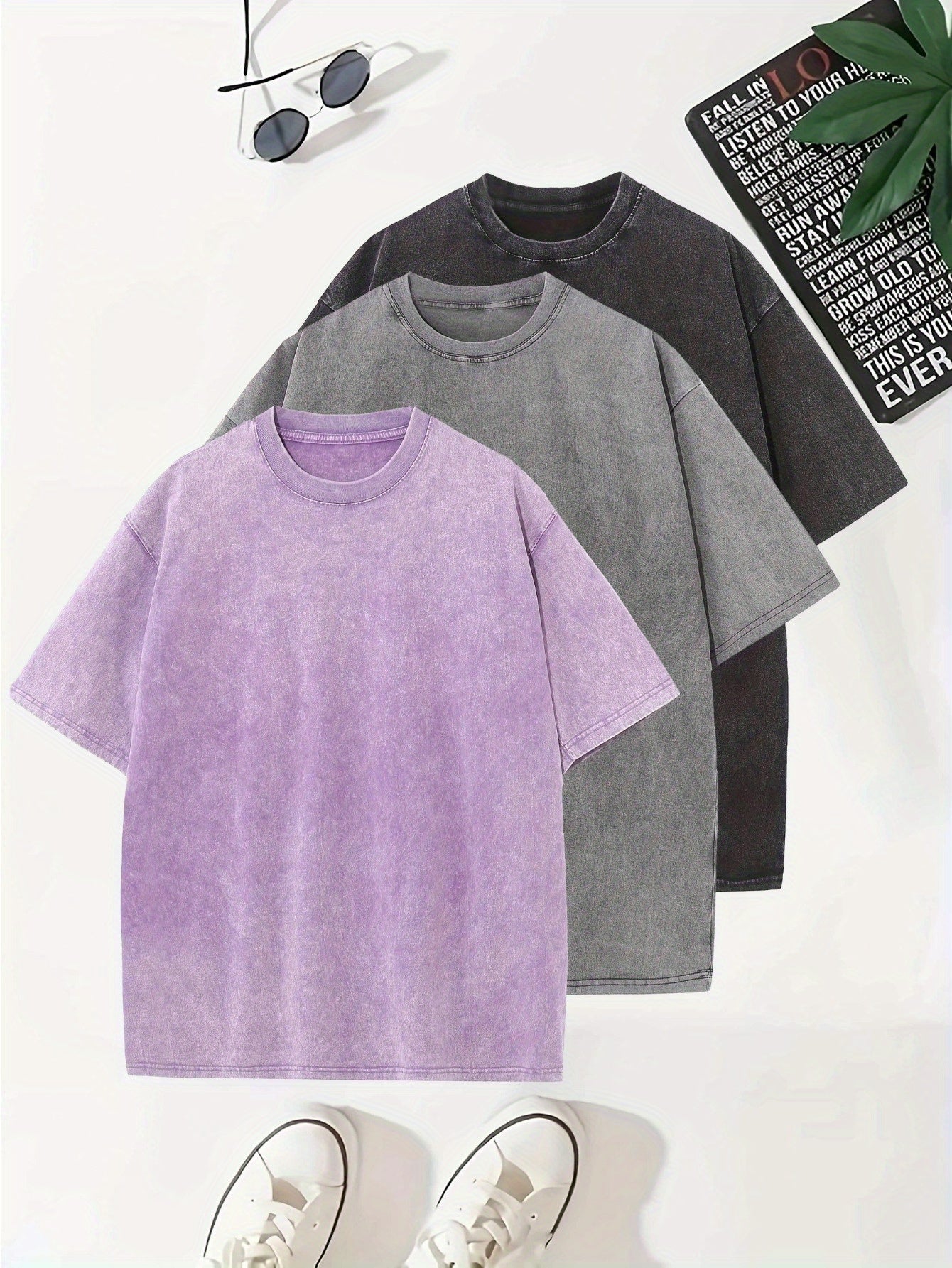 Temujin Starry 3pcs Washed Cotton Distressed 100% Pure 240g Crew Neck T Shirt, Simple and Fashionable