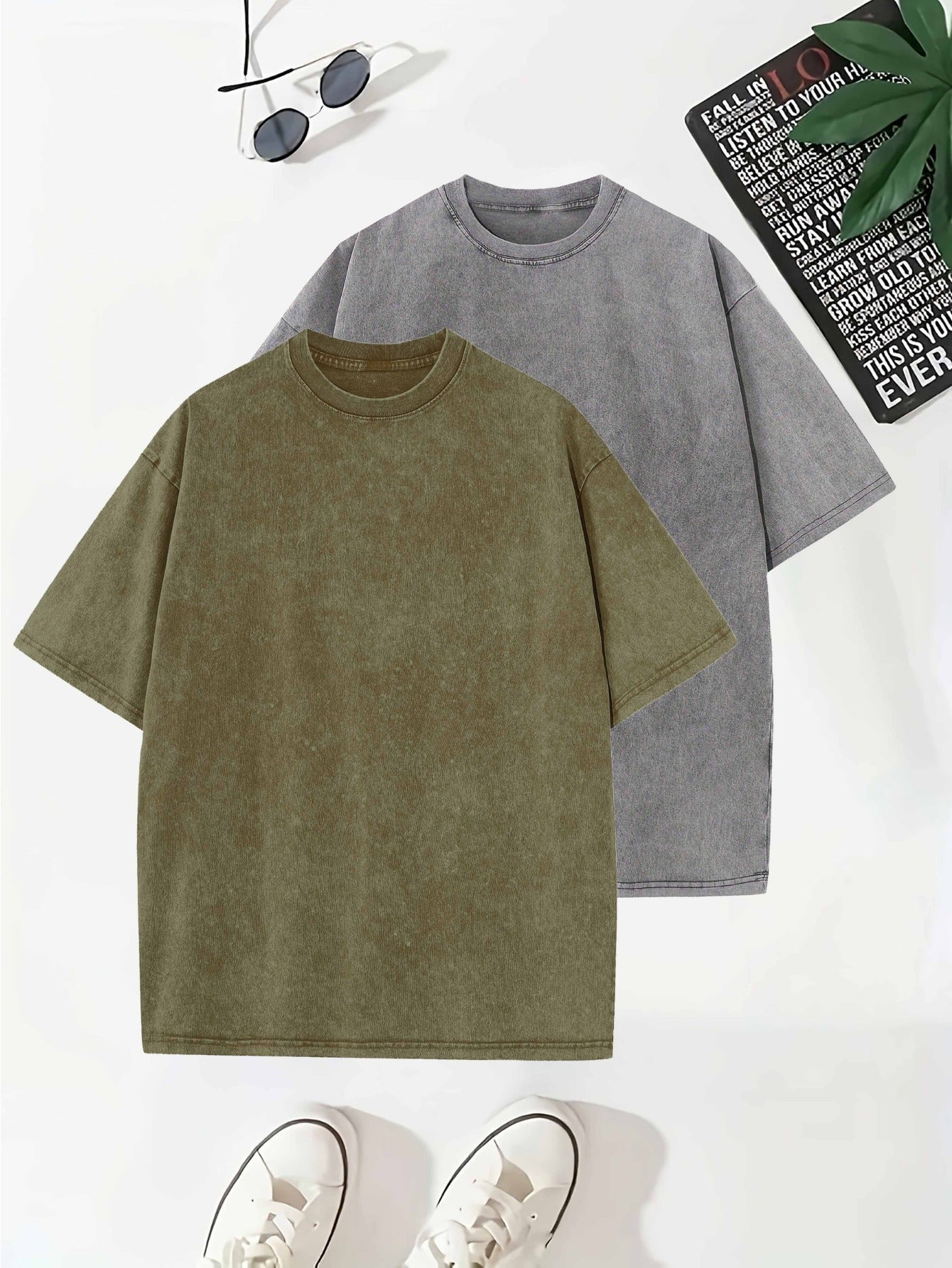 Set of 2 T-Shirts Made from Washed, Featuring a Vintage Heavy 100% Pure Fabric Weighing 240G, Designed in a Simple Retro Style for Casual Wear.