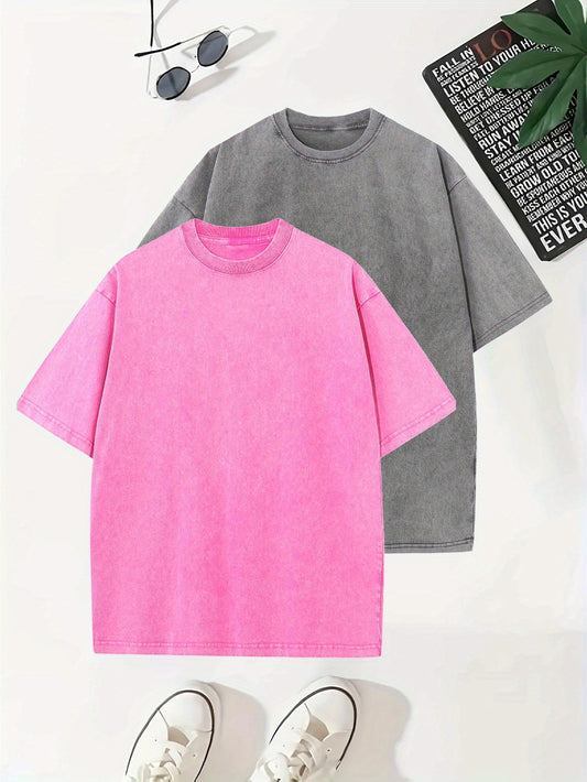 Set of 2 T-Shirts Made from Washed, Featuring a Vintage Heavy 100% Pure Fabric Weighing 240G, Designed in a Simple Retro Style for Casual Wear.