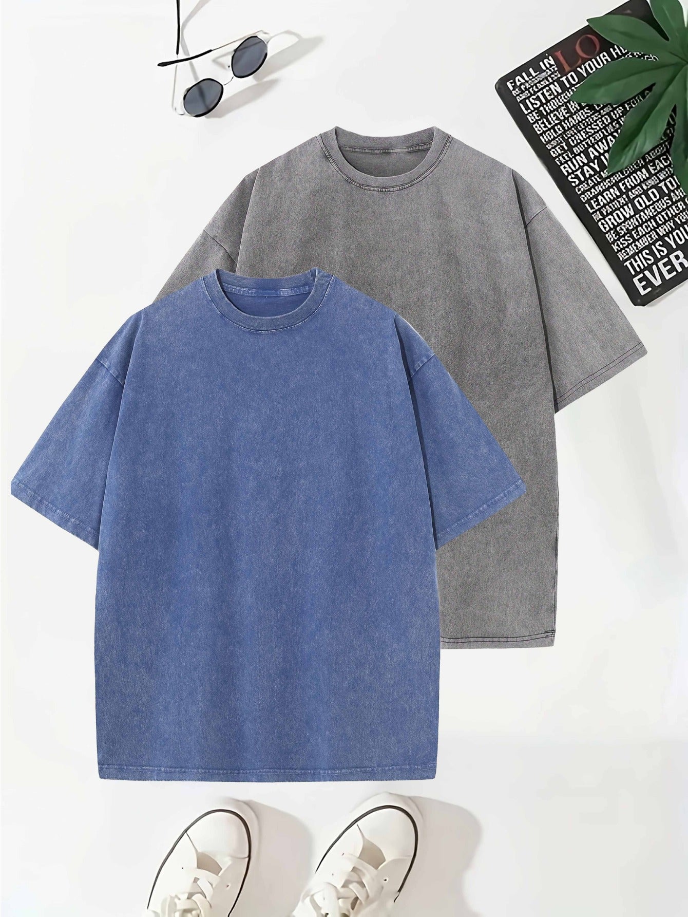Set of 2 T-Shirts Made from Washed, Featuring a Vintage Heavy 100% Pure Fabric Weighing 240G, Designed in a Simple Retro Style for Casual Wear.