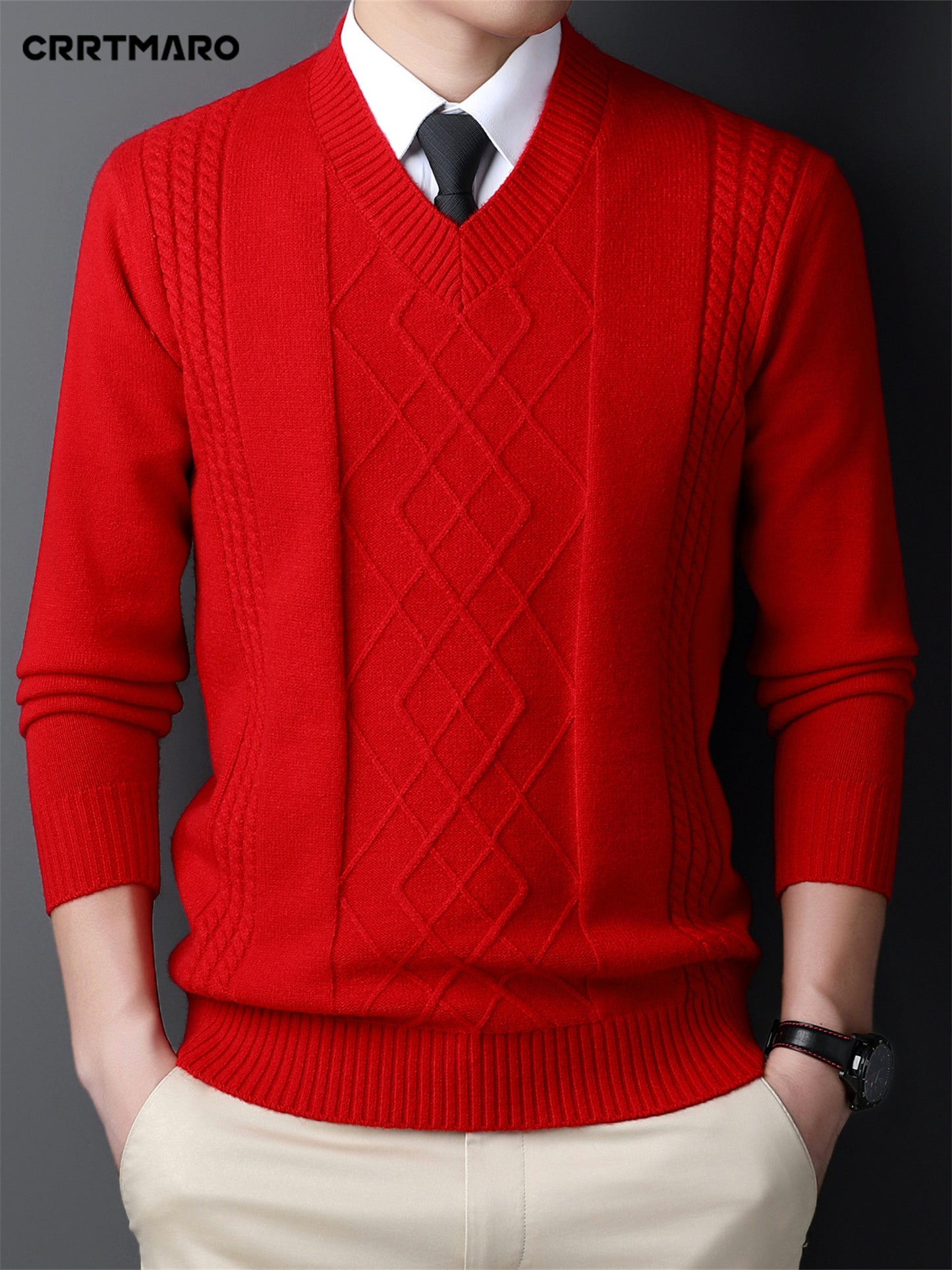 Men's Casual V-Neck Cable-Knit Sweater - Vibrant Red Regular Fit Spring/Fall Pullover, Soft Durable Knit Fabric, Easy Care Hand Wash/Dry Clean, Versatile Layering Essential, Knitted Sweater, Fall Wardrobe, Classic Vneck, Comf