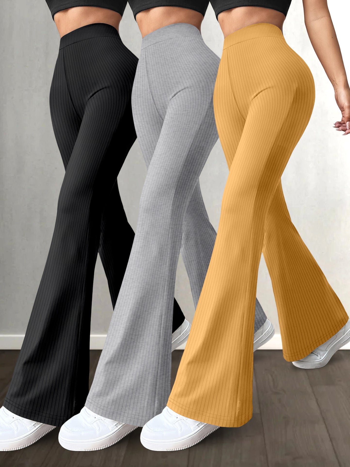 Lot de 3 Pantalons Femme Taille Haute – Jambe Évasée, Couleur Unie, Extensibles et Confortables