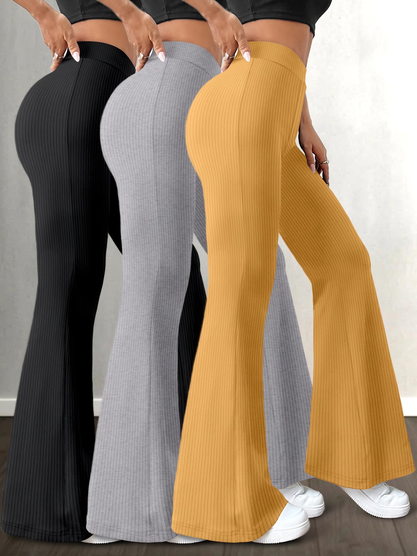 Lot de 3 Pantalons Femme Taille Haute – Jambe Évasée, Couleur Unie, Extensibles et Confortables