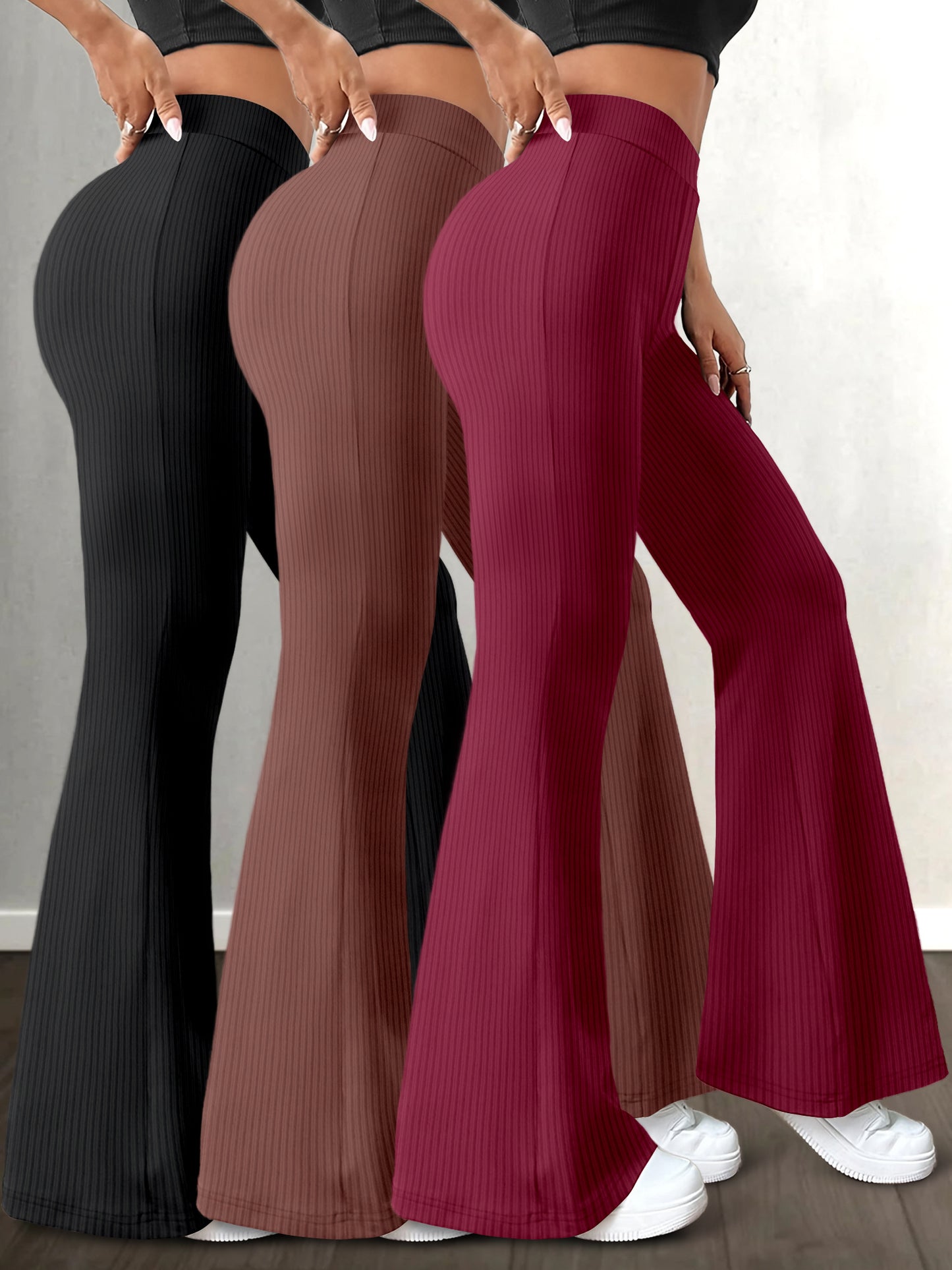 Lot de 3 Pantalons Femme Taille Haute – Jambe Évasée, Couleur Unie, Extensibles et Confortables