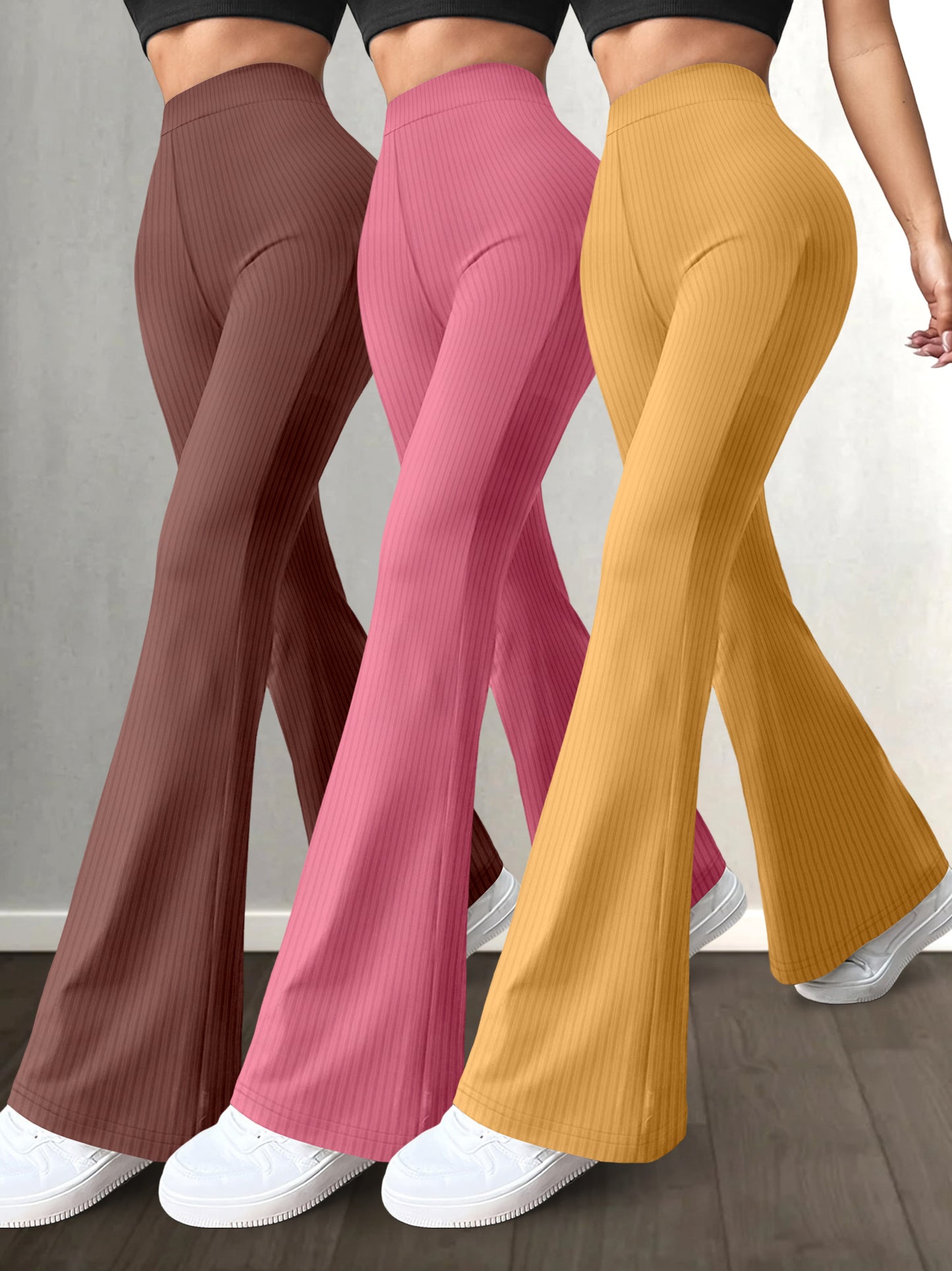 Lot de 3 Pantalons Femme Taille Haute – Jambe Évasée, Couleur Unie, Extensibles et Confortables