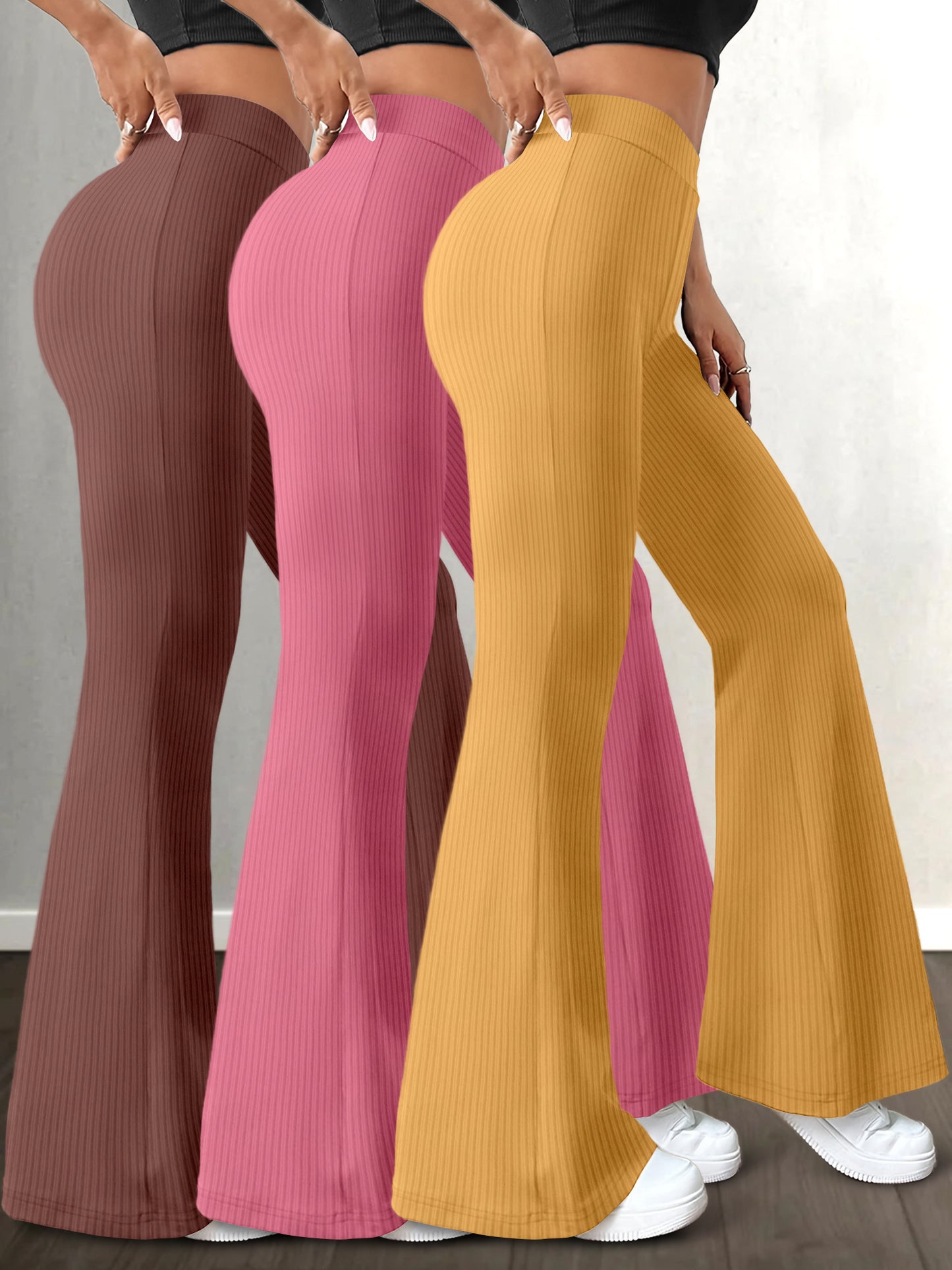 Lot de 3 Pantalons Femme Taille Haute – Jambe Évasée, Couleur Unie, Extensibles et Confortables