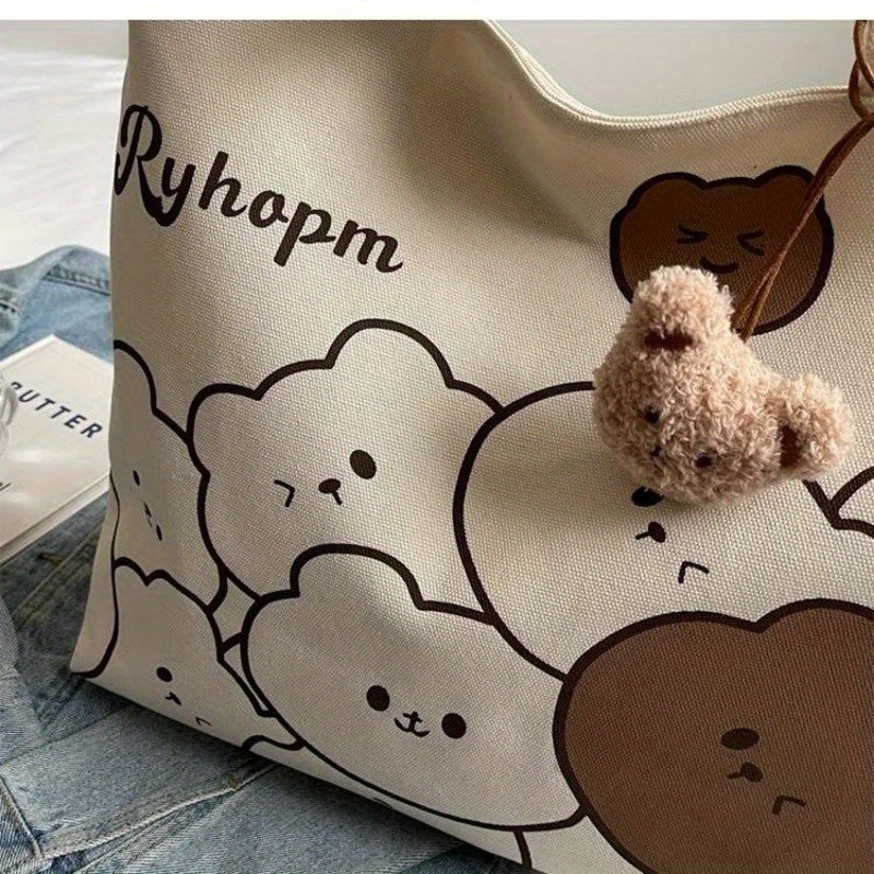 Sac École Femme à Motif Ours – Sac à Épaule Unique, Grande Capacité, Pendentif Tête d’Ours, Polyvalent et Mignon