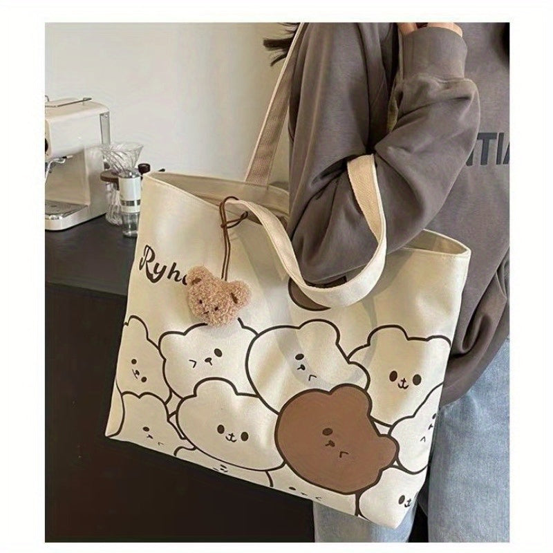 Sac École Femme à Motif Ours – Sac à Épaule Unique, Grande Capacité, Pendentif Tête d’Ours, Polyvalent et Mignon