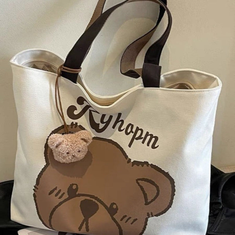Sac École Femme à Motif Ours – Sac à Épaule Unique, Grande Capacité, Pendentif Tête d’Ours, Polyvalent et Mignon