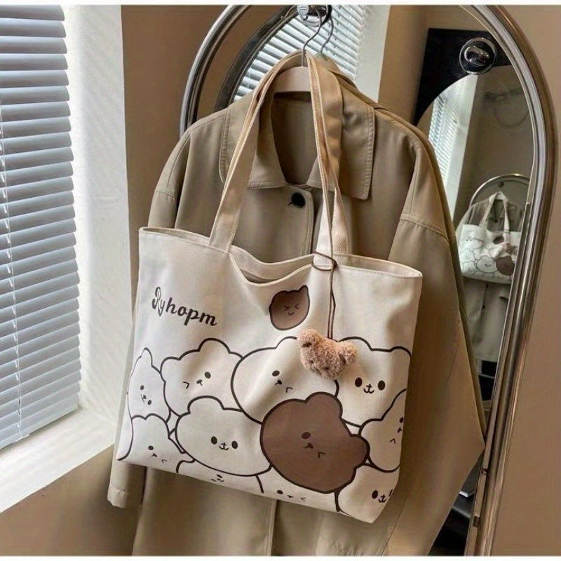 Sac École Femme à Motif Ours – Sac à Épaule Unique, Grande Capacité, Pendentif Tête d’Ours, Polyvalent et Mignon