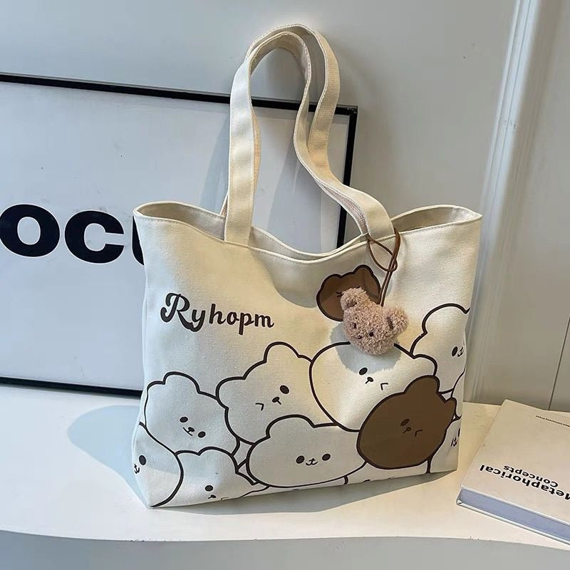 Sac École Femme à Motif Ours – Sac à Épaule Unique, Grande Capacité, Pendentif Tête d’Ours, Polyvalent et Mignon