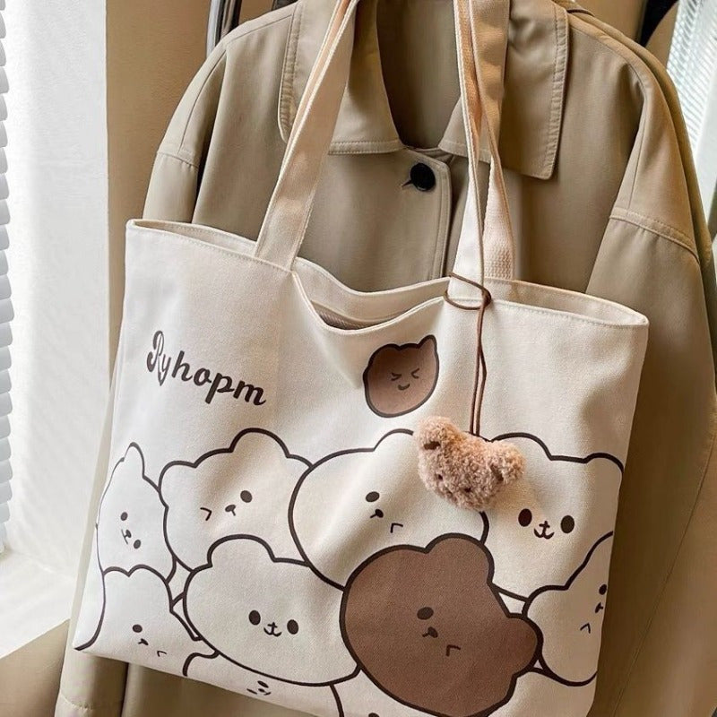 Sac École Femme à Motif Ours – Sac à Épaule Unique, Grande Capacité, Pendentif Tête d’Ours, Polyvalent et Mignon
