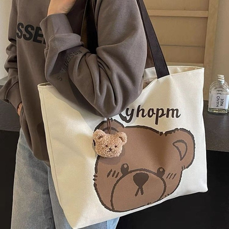 Sac École Femme à Motif Ours – Sac à Épaule Unique, Grande Capacité, Pendentif Tête d’Ours, Polyvalent et Mignon