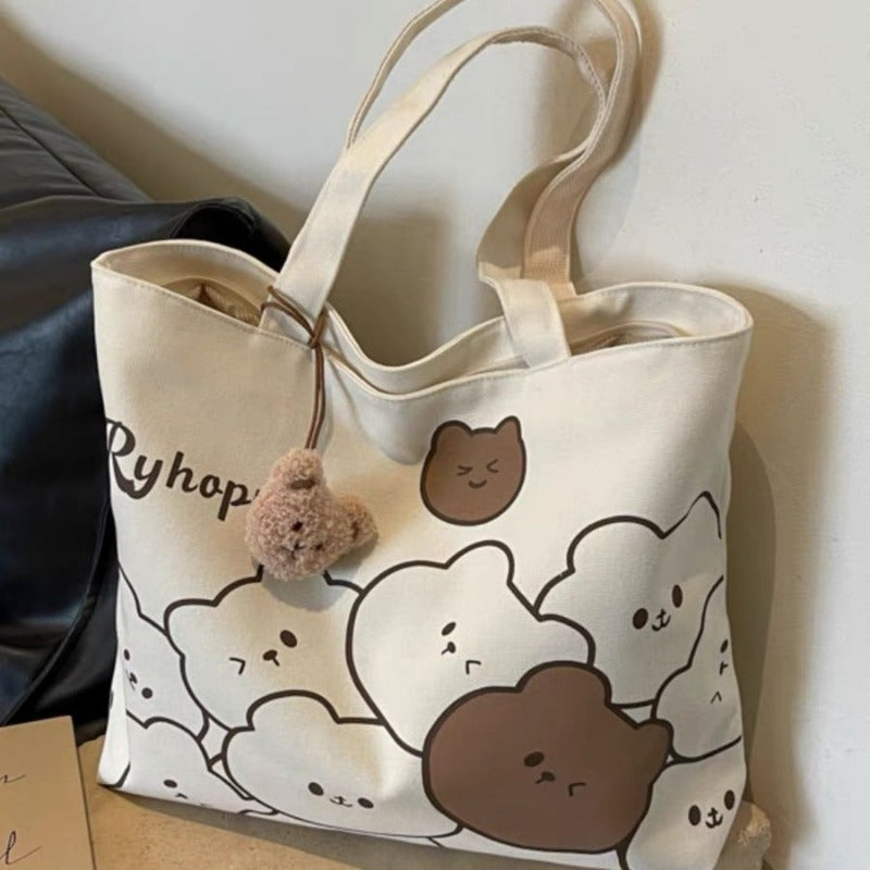 Sac École Femme à Motif Ours – Sac à Épaule Unique, Grande Capacité, Pendentif Tête d’Ours, Polyvalent et Mignon