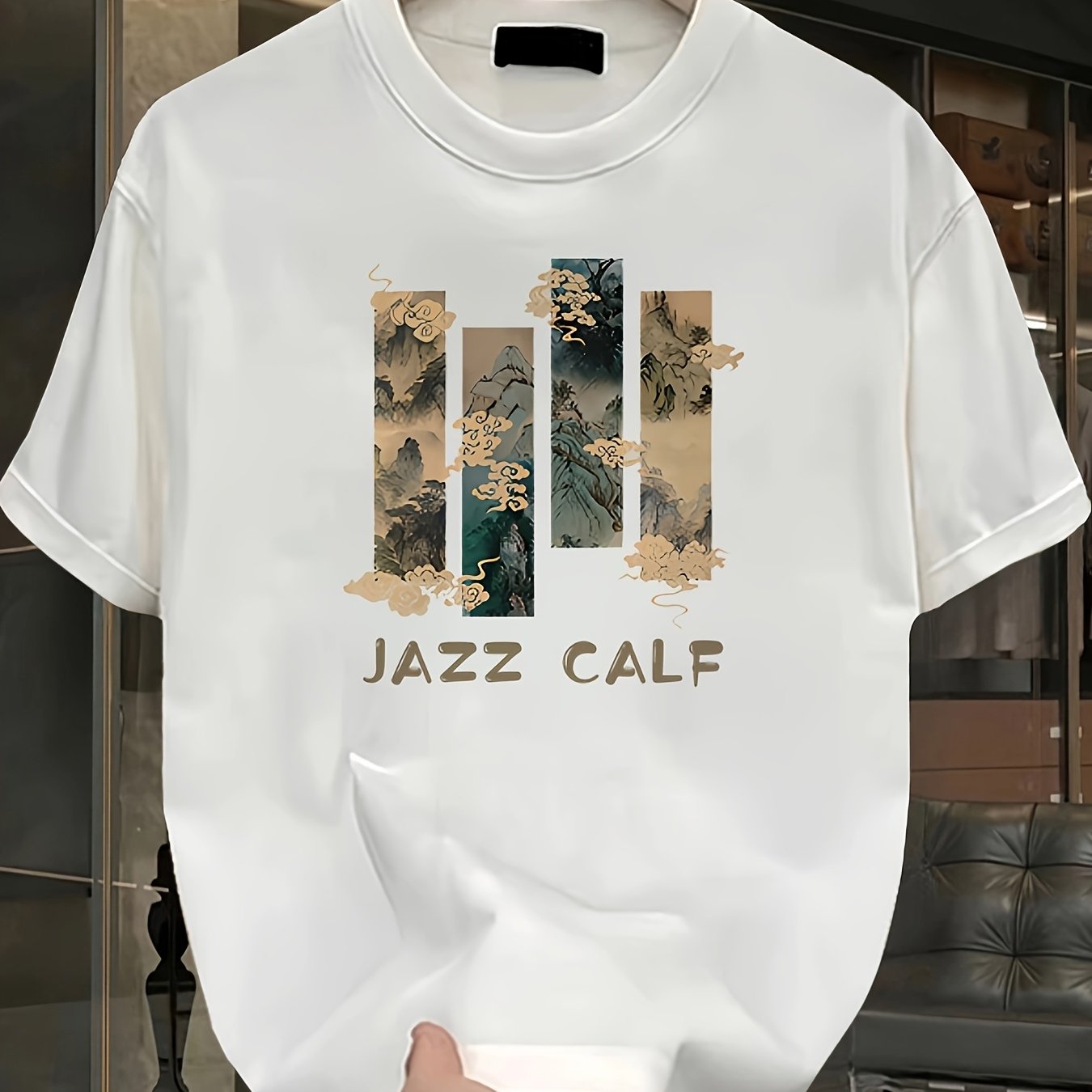 Men's Heavyweight 100% Cotton Oversized T-Shirt with Jazz Calf Graphic Print - White Summer Casual Round Neck Short Sleeve Tee, Large Size Breathable Fabric for Casual Attire & Jazz-Themed Events, Machine Washable Youthful St