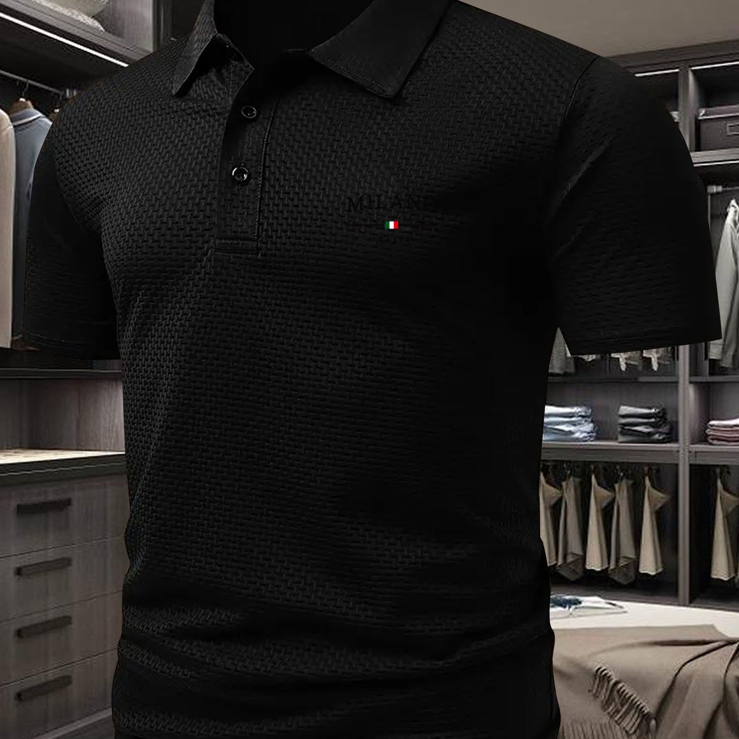 Milano Men'S Casual T-Shirt - Breathable Regular Fit Short Sleeve Shirt with Geometric Print, Button-Up Collar for Summer Comfort & Casual Attire, Comfortable Clothing, Easycare Material