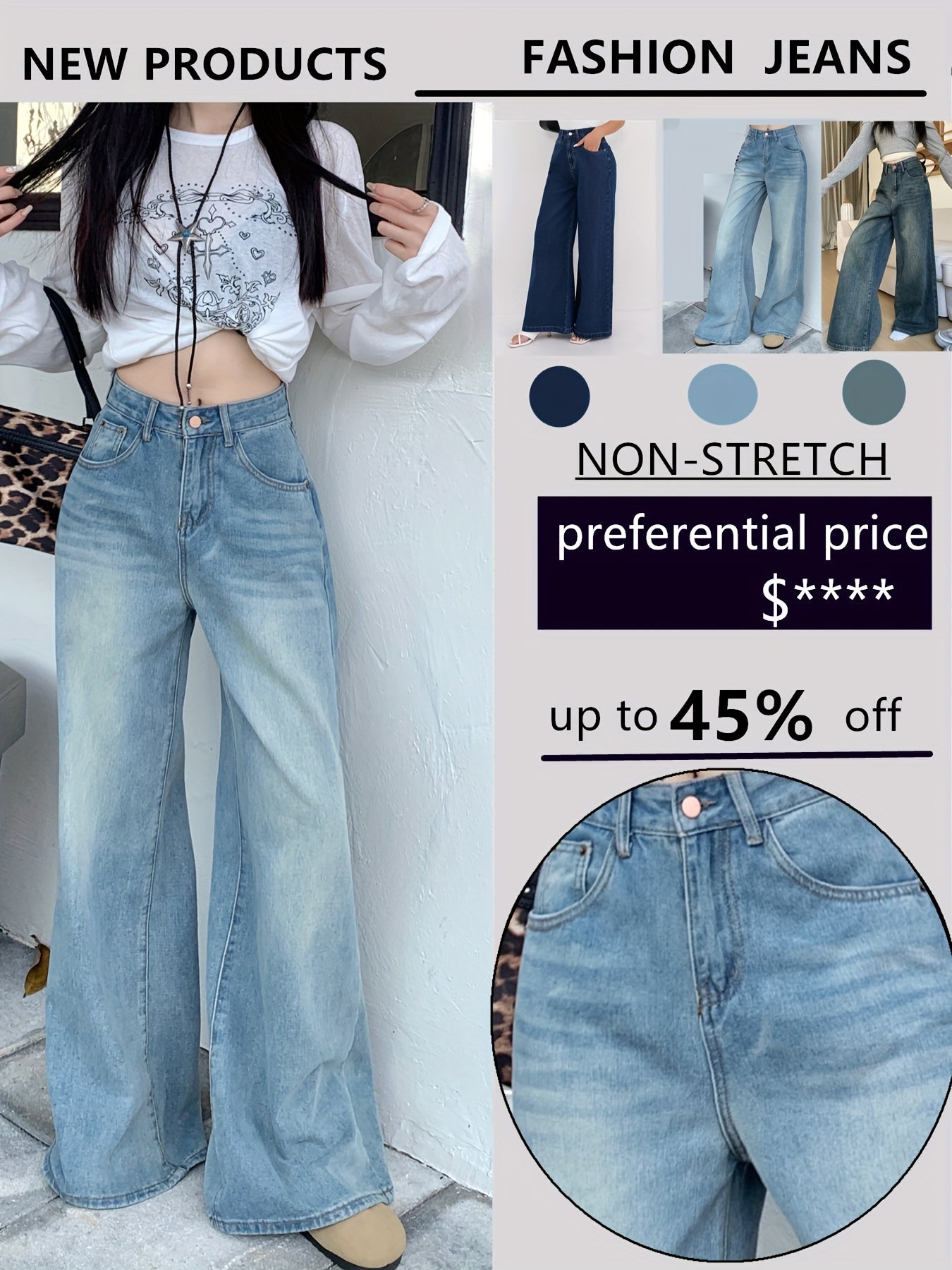 Jeans Femme Vintage Jambe Large Droite Non Extensible Taille Mi-Haute Toute Saison Décontracté et Formel