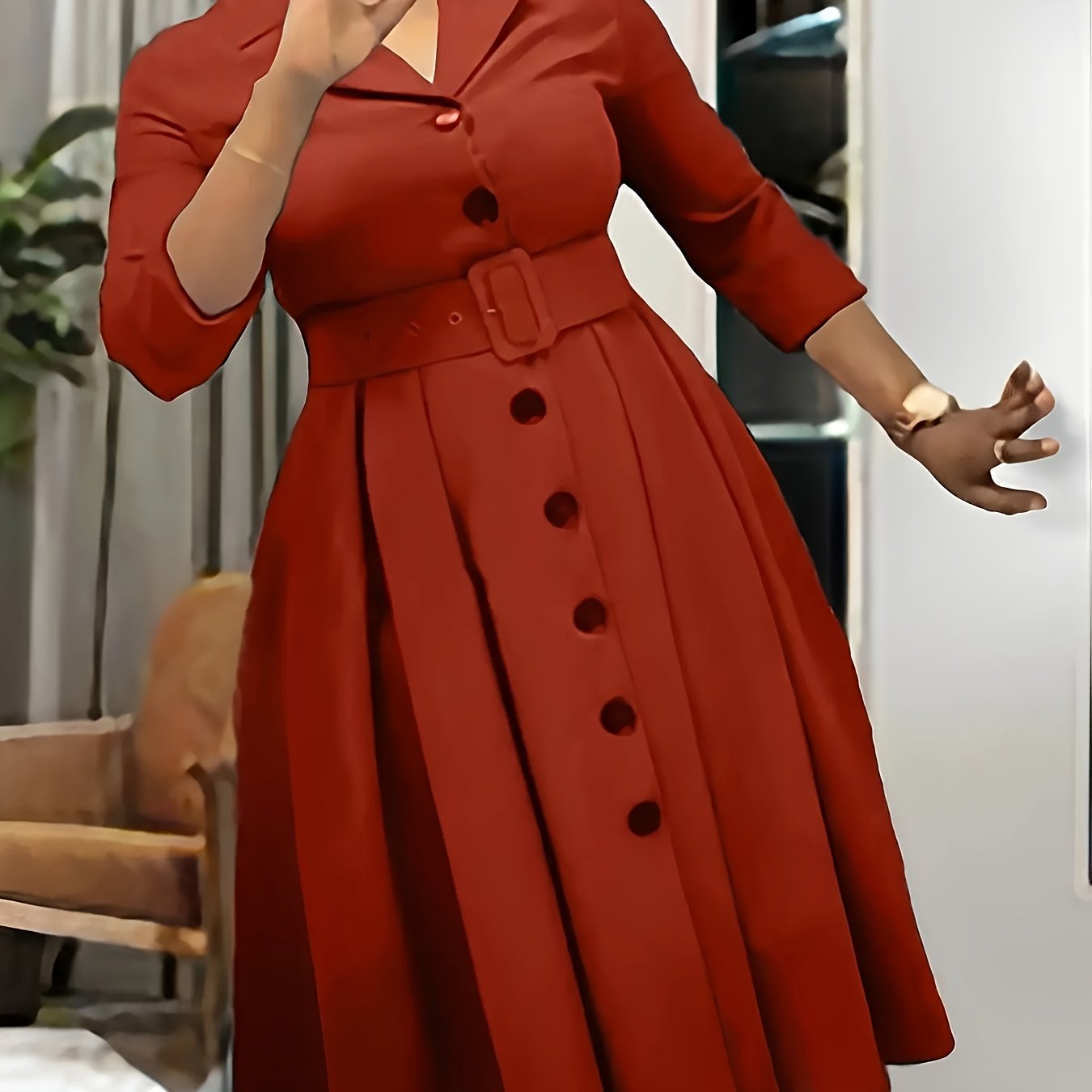 Robe A-Ligne à Boutonnage Simple – Manches 3/4, Col Revers, Ceinturée, Couleur Unie, Idéale Printemps/Automne