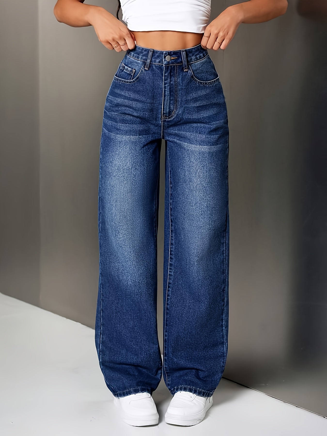 Jean Femme Taille Haute Élastique – Pantalon Droit Fuselé avec Fermeture Éclair, Style Décontracté ou Formel Toutes Saisons, Couleur Bleu Marine