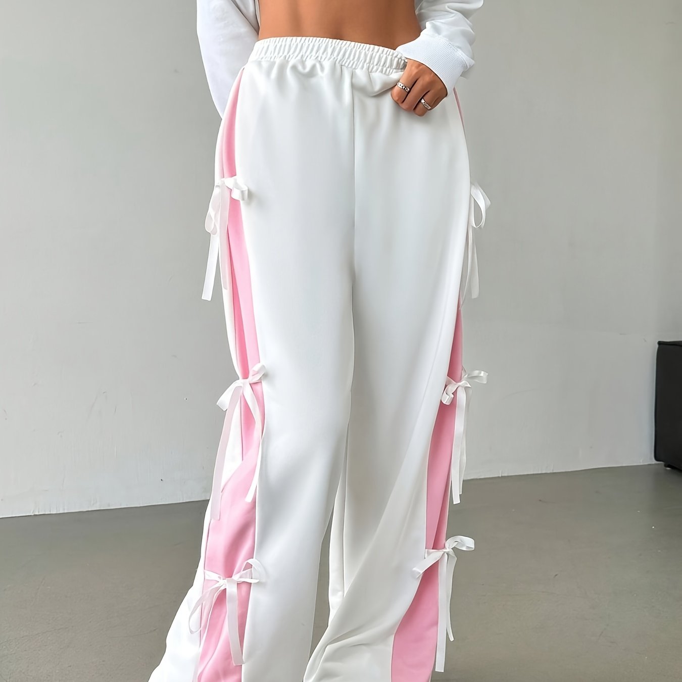 Pantalon Femme Taille Haute – Jambe Large avec Rayures Contraste Rose/Blanc, Taille Élastique à Cordon, Décontracté, Printemps/Été/Automne