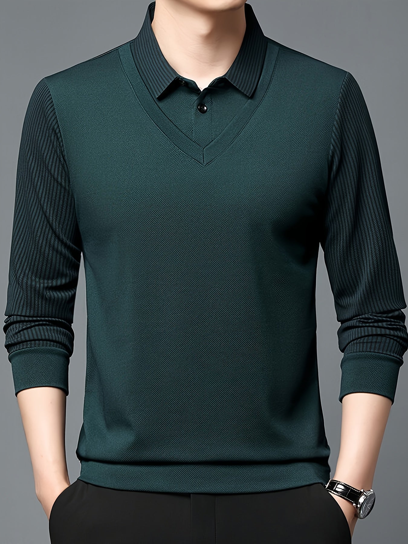 Men'S Casual Two-Tone Polo Shirt - Lightweight Loose Fit Solid Color Top with Button Collar, Long Sleeves, and Chest Pockets for Spring/Fall, Perfect for Casual Attire, Spring Fall Apparel | Classic Collar Design | Slight Str