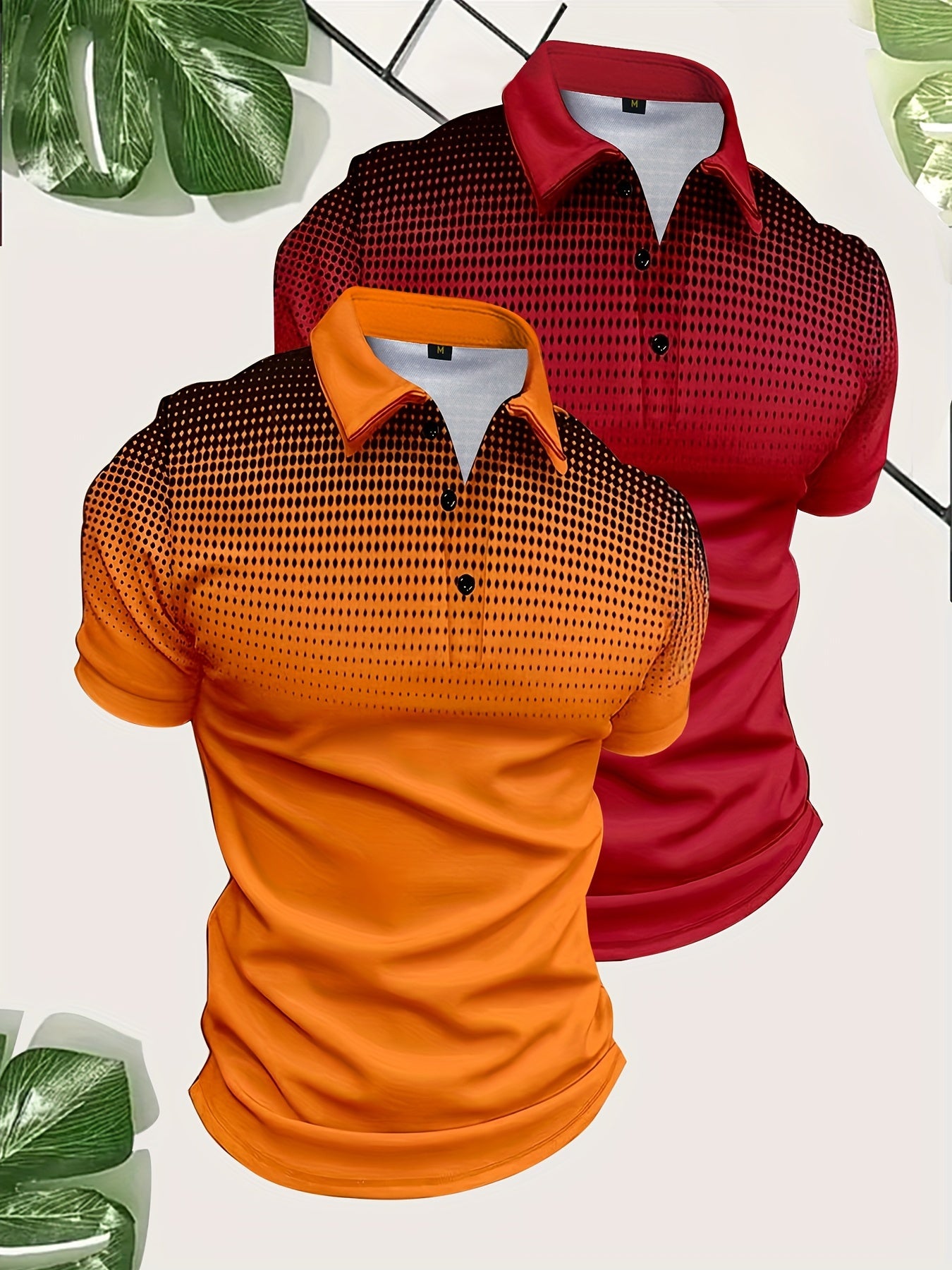 2pcs Men's Gradient Pattern Print Short Sleeve Lapel Golf Shirts, Casual Style Slight Stretch Regular Fit Summer Tops, Summer Golf Shirts