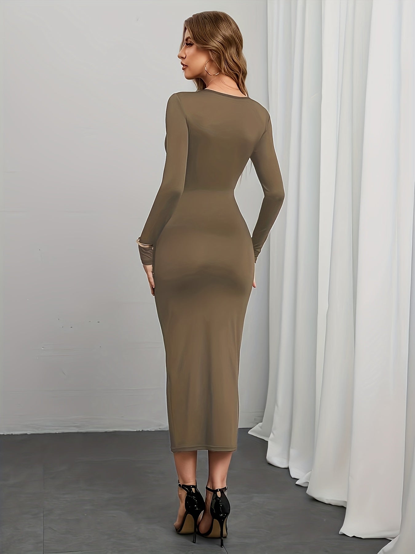 1 robe femme élégante bleu marine pour soirée formelle – manches longues, col rond, coupe A-line avec design croisé dans le dos, ajustement structuré, idéale pour mariages et galas