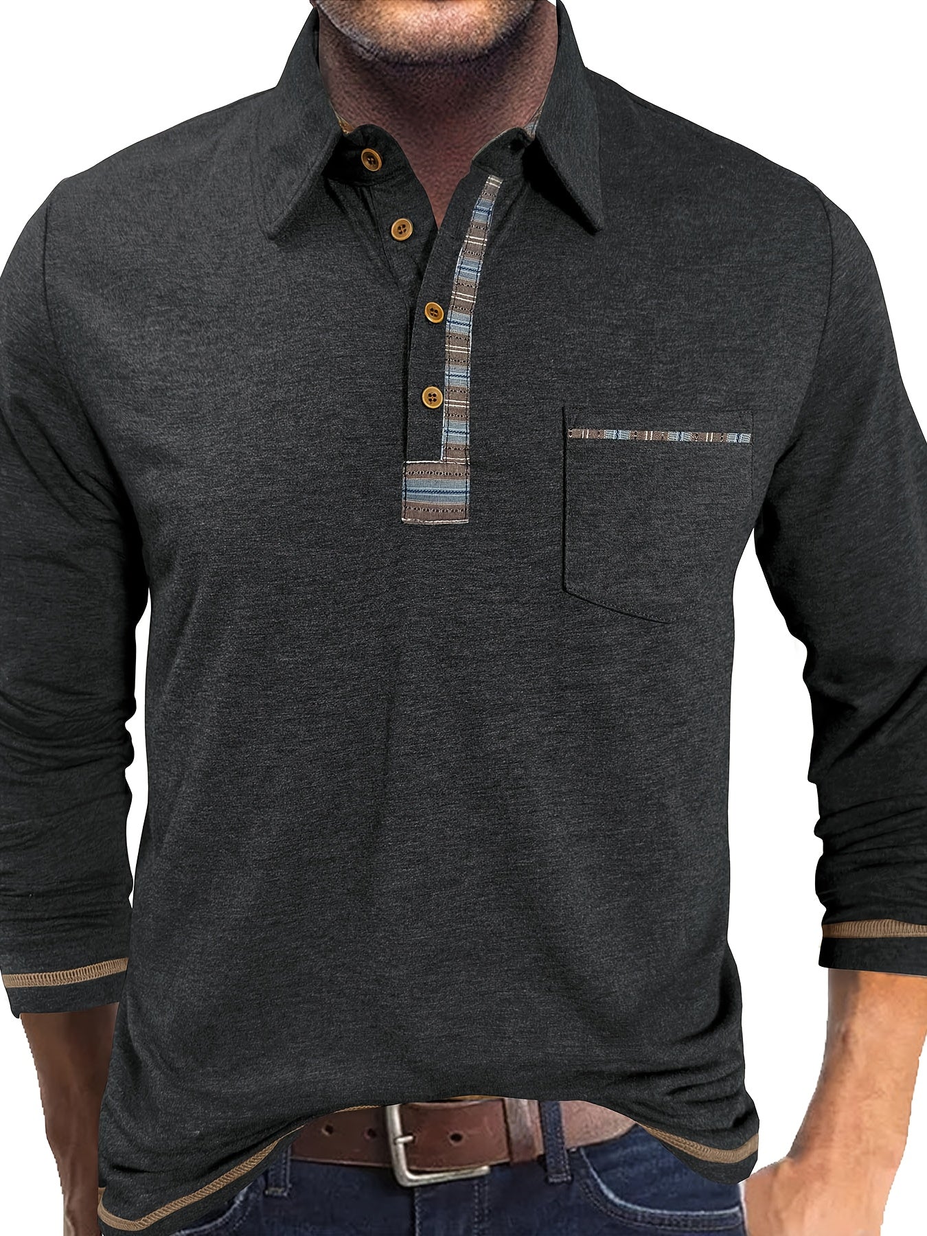 Plus Size Men's Retro Casual Shirt - Long Sleeve Button-Up with Color Block Detailing, Machine Washable Spring/Fall Top for Casual Attire, PLUS SIZE