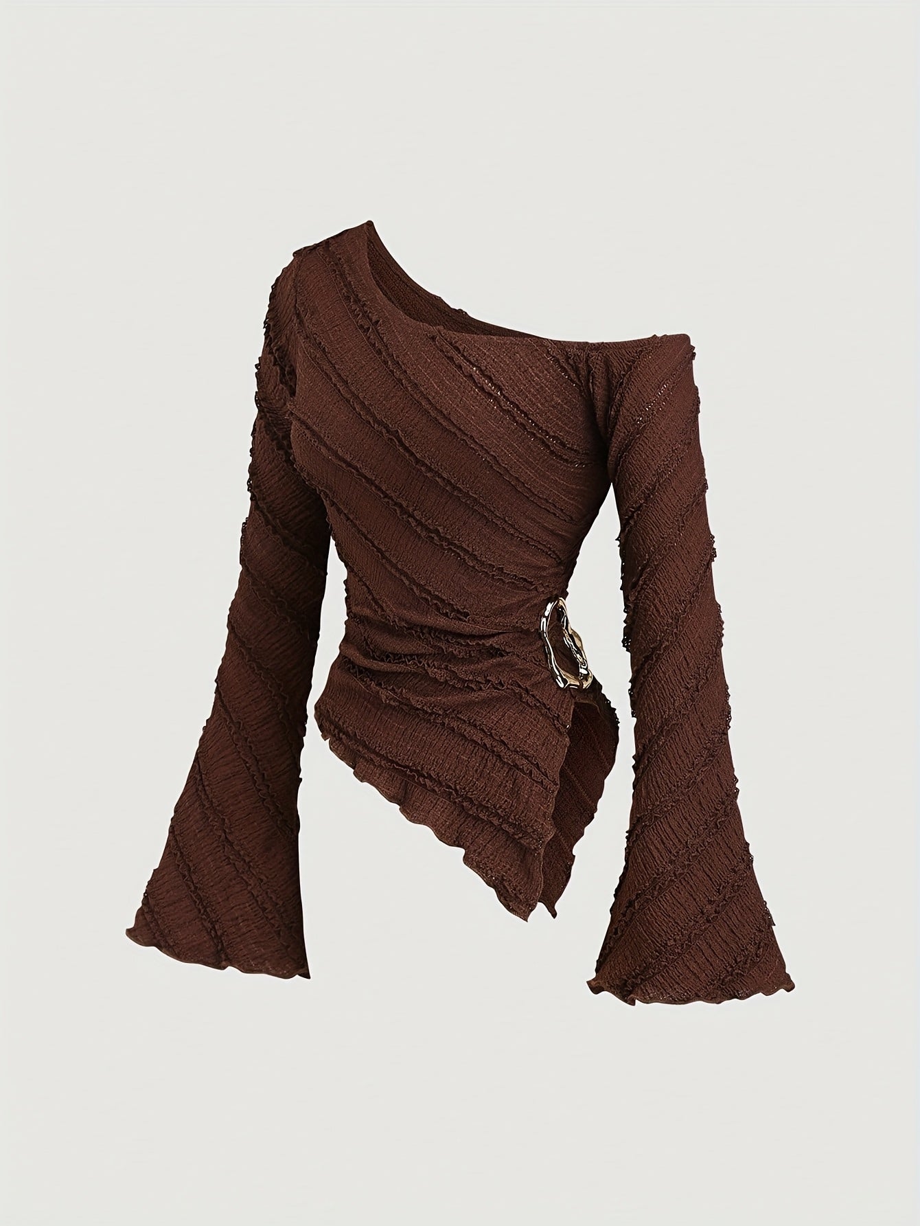 Blouse asymétrique manches cloche pour femmes – col avec boutons métal, semi-transparente, anti-froissement, adaptée toutes saisons, tenue professionnelle décontractée à formelle