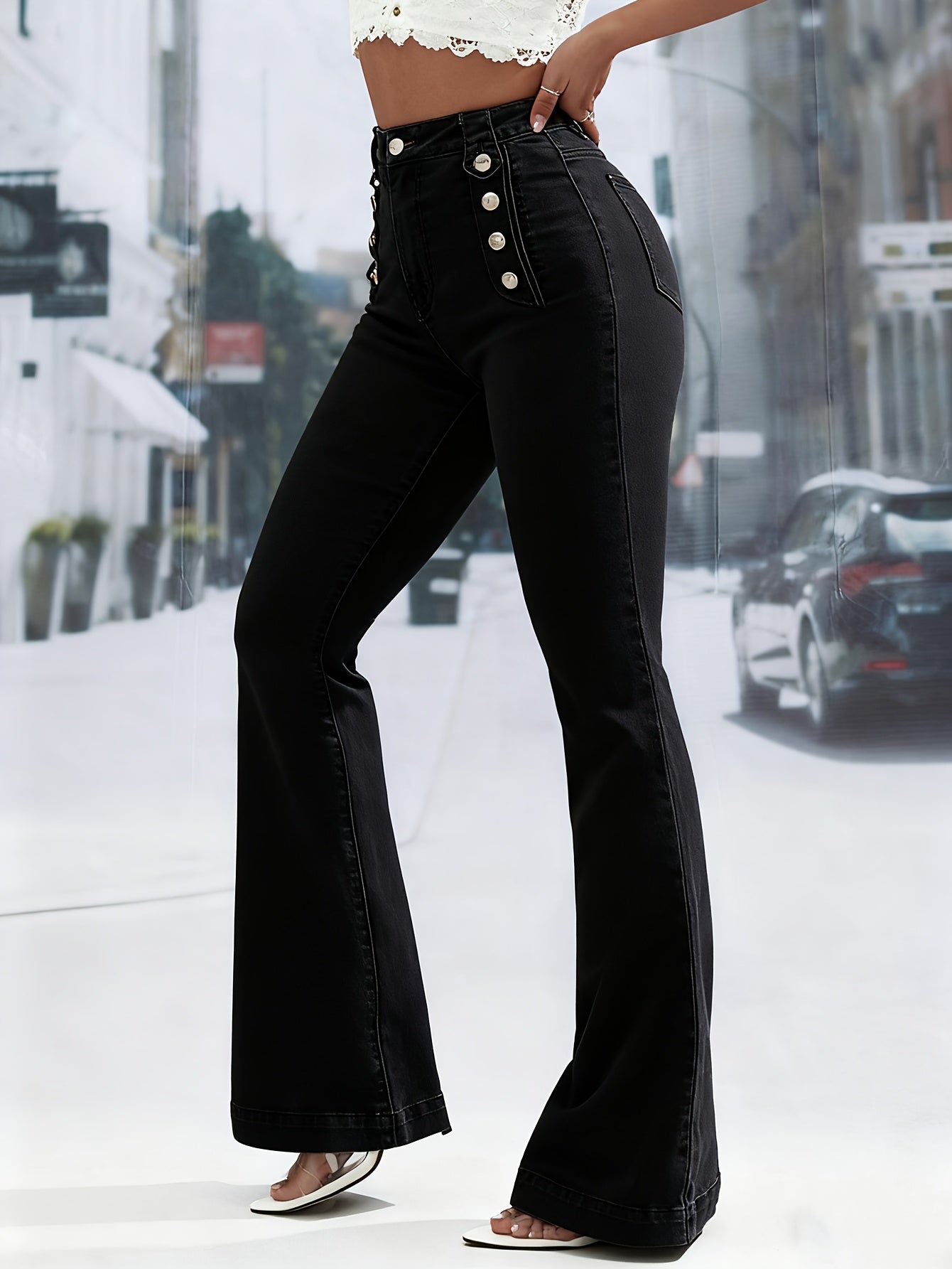 Jean Femme Taille Haute Stretch Coupe Évasée Polyvalent