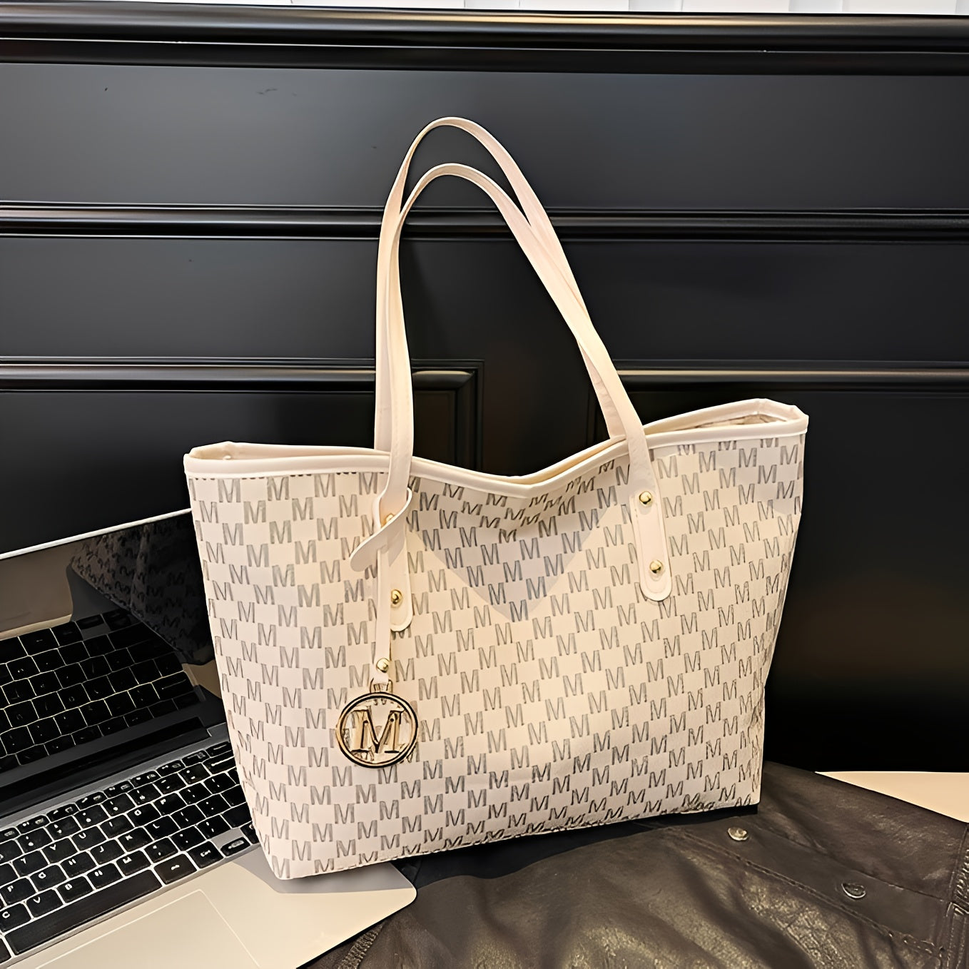 Sac Cabas Femme Vintage – Grande Capacité, Fermeture Éclair, Sac à Main avec Bandoulière Fixe, Design Monogramme Élégant en Marron Café/Noir, Doublure en Polyester, Idéal pour Quotidien